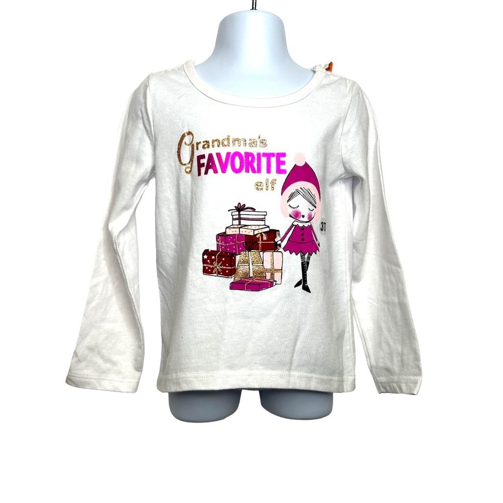 Toughskins Girl’s T-Shirt Long Sleeves 3T Christmas Elf White Pink Sparkly Round